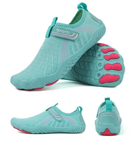 Multi-angle view of light blue outdoor water shoes with pink non-slip rubber soles