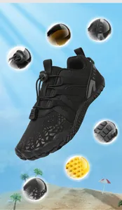 Detail view of black non-slip children's barefoot sports shoes for gym and beach