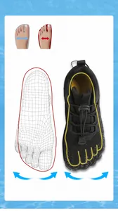 Detail view showing the wide toe box design of black five-finger fitness shoes
