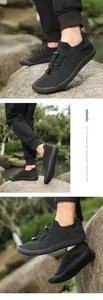Dettaglio di scarpe da camminata a piedi nudi in maglia nera traspirante per uomo