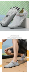 Detail showing grey water shoes with anti-slip rubber soles on beach and in studio setup