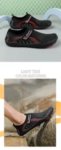 Professional outdoor water shoes in black and red worn on a rock for wading activities