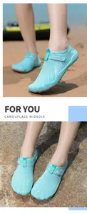 Detail view of turquoise outdoor water shoes on model feet at a rocky beach setting