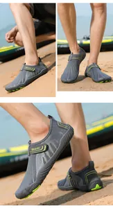 Detailed view of breathable grey and neon green outdoor river tracing shoes on beach