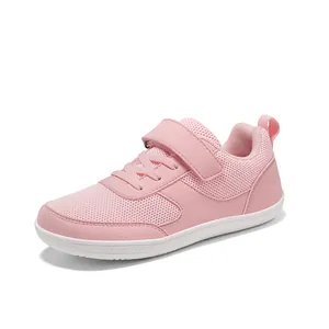 Comfortable pink breathable mesh children sneakers with wide toe box and velcro strap