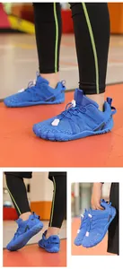 Detailed multi-view shots of blue non-slip indoor fitness shoes for kids and toddlers