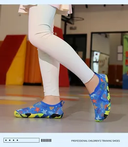 Close-up of kids' blue starfish print aqua shoes for beach and pool training.