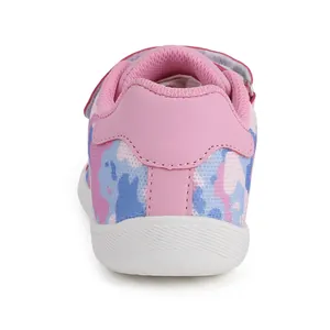 Kids breathable pink camouflage sneakers with velcro straps shown from rear view angle