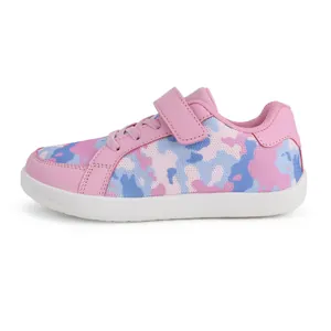 Stylish pink camouflage kids low-top sneakers with Velcro strap and wide toe box.