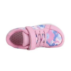 Children's pink camouflage flyknit sneakers with wide toe box and velcro strap closure