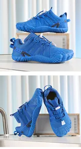 Blue children's five-finger sports shoes shown from different angles with props