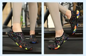 Detailed view of quick-dry barefoot outdoor water shoes with colorful graffiti pattern