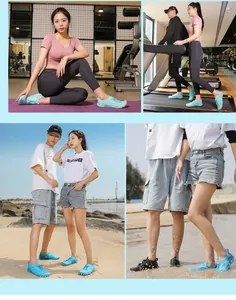 Scarpe da scoglio per uomo e donna presentate in contesti di palestra e in spiaggia