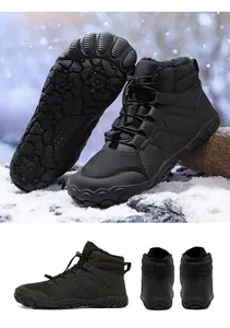 Detail views of black barefoot snow boots showing non-slip sole and warm plush lining.