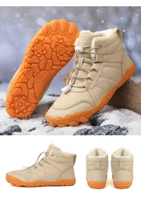 Detailed views of warm winter snow boots featuring anti-slip soles and thick plush lining