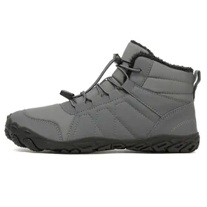 Side view of grey barefoot snow boot with warm fleece lining and elastic drawstring