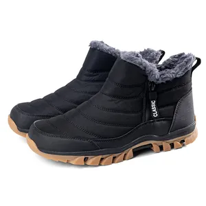 Men's black water-repellent winter snow boots with warm grey faux fur lining and lug sole