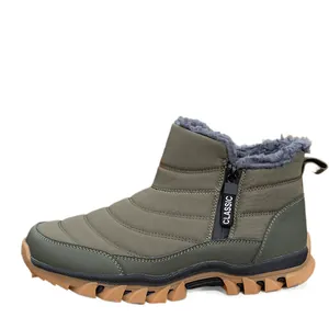 Men's olive green waterproof snow boots with warm faux fur lining and non-slip sole
