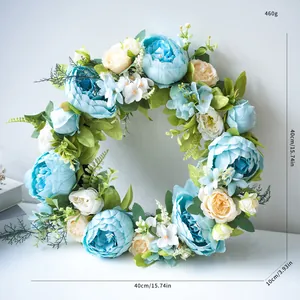Vista dettagliata della ghirlanda di peonie blu di 40 cm con peso e misure complete