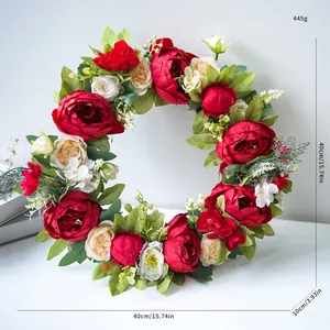 Ghirlanda di peonie artificiali 40cm con fiori di seta rossi e crema