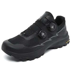 Black outdoor hiking cycling shoes with dual dial lacing system and breathable mesh upper