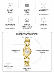 Dimensions and specifications for Scottie irregular hollow chain strap gold quartz watch