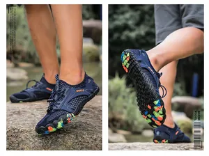 Detail of blue quick-dry outdoor wading shoes with colorful anti-slip rubber outsoles