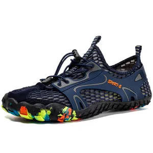 Quick-dry outdoor water shoes in navy blue mesh with colorful graffiti sole