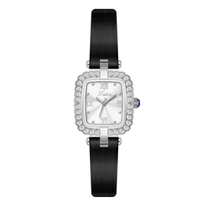 Luxuriöse quadratische Quarzuhr für Damen mit Diamantlünette und Lederarmband