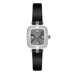 Elegante Damen-Quarzuhr mit quadratischem Gehäuse mit Kristall-Lünette und Lederband.
