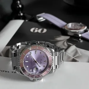 High-quality macro shot of Scottie quartz watch featuring purple sunray dial and bezel.