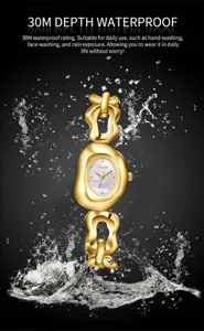 Gold irregular hollow chain quartz watch with 30m water resistance and pearl dial.