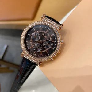 Close-up detail of Scottie women's watch with rhinestone bezel and black crocodile leather strap