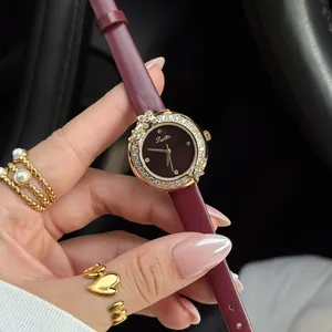 Scottie elegant women's quartz watch with gold rhinestone bezel and burgundy leather strap