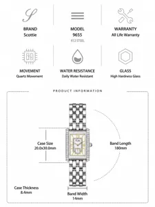 Vista macro y dimensiones técnicas del reloj de cuarzo rectangular plateado