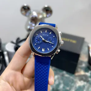 Close-up of Scottie 3012b chronograph watch with blue dial and blue silicone strap