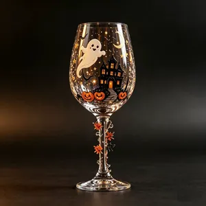 Detailed view of hand-painted Halloween ghost and haunted house on clear wine glass