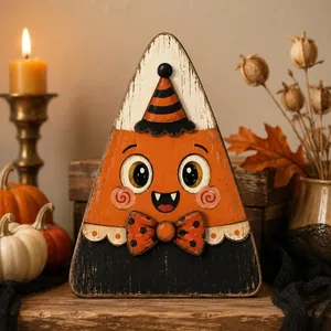 Süße Halloween Tischdeko aus Holz Vampir-Zuckermais für rustikale Dekoration
