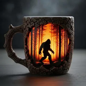 Détail d'un mug en résine créatif avec sculpture Bigfoot forêt au coucher du soleil