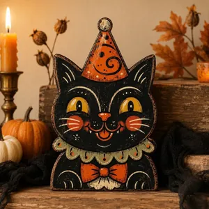 Vintage Holzfigur schwarze Katze mit Partyhut als herbstliche Halloween Tischdeko