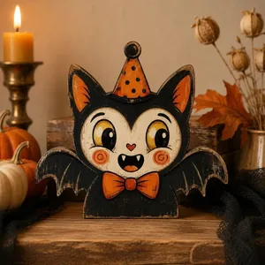 Charmante Vintage-Holzfigur Katze-Fledermaus für festliche Halloween-Tischdekoration