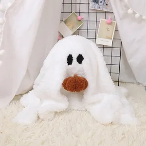 Halloween Geist Plüschkissen Cremeweiß Langflor-Plüsch Kissen In Geisterform Mit Kürbis-Deko Dekoratives Sofakissen Geschenk