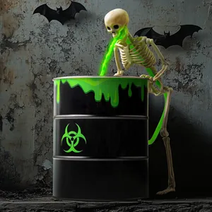 Close-up detail showing the glowing green liquid effect in skeleton Halloween barrel prop