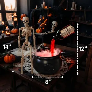 Macro view of decorative Halloween skeleton and witch cauldron showing size dimensions