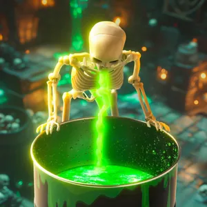 Detailed view of Halloween vomiting skeleton decoration with glowing green light effect