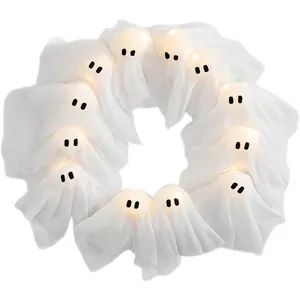 Halloween Ghost Wreath Soy Wax Scented Candle LED Glowing White Gauze Ghost Garland For Festival Home Party Decoration Gift