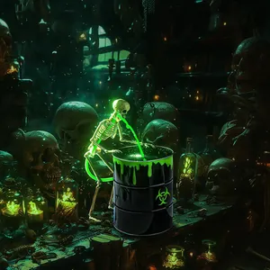 Creative Halloween vomiting skeleton decoration with glowing barrel and black light