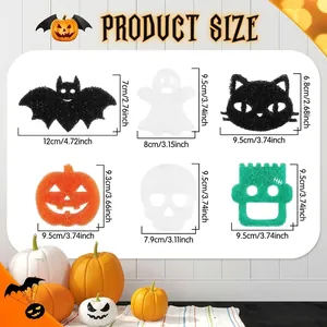 Dimensions de 6 éponges d'Halloween : chauve-souris, fantôme, tête de mort et citrouille.