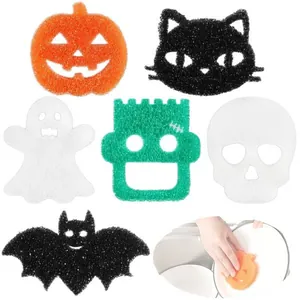 Lot d'éponges de nettoyage d'Halloween en formes de citrouille, chat et fantôme