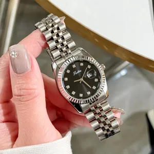 Scottie elegant silver women's quartz watch with black dial and crystal hour markers.